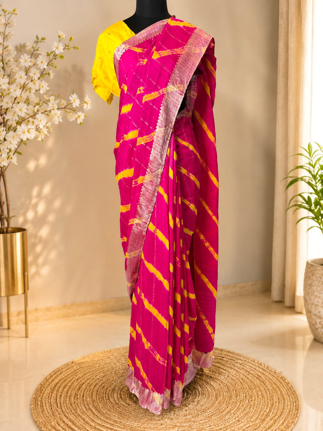 Rani Pink Pure Chiffon Lehariya Saree- Banarasi Boader