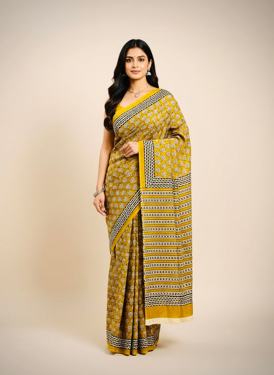 Tarangini Bagru Handblock Print Pure Mul cotton saree- Mustard Yellow