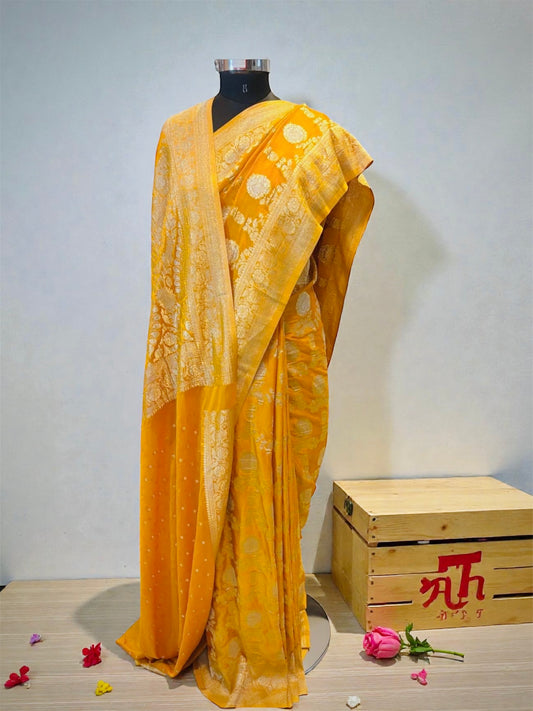Khaddi Georgette Handloom Banarasi Saree- Gold Zari