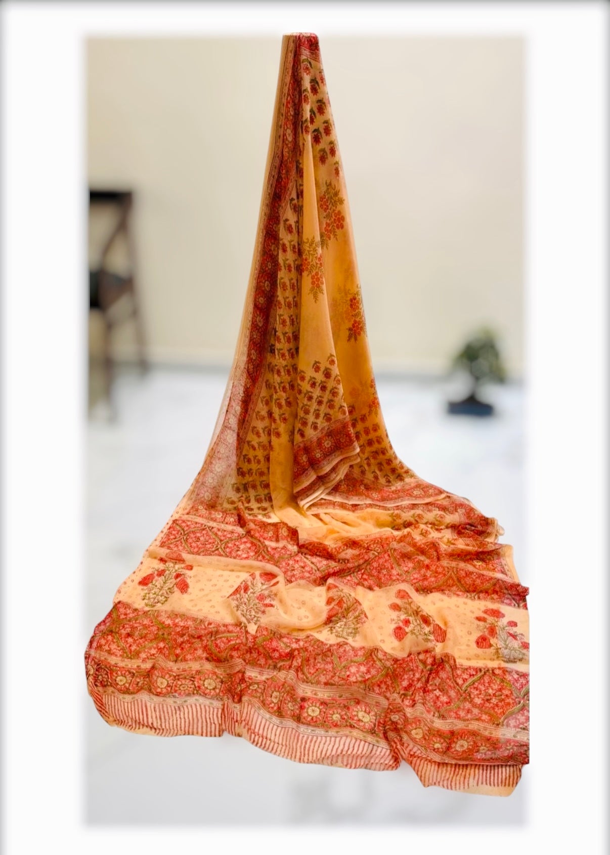 Pure Double Diamond Chiffon Handblock Print Saree- Orange