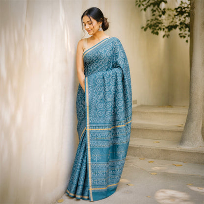Pure Chanderi Silk Handblock Print Saree- Teal Blue
