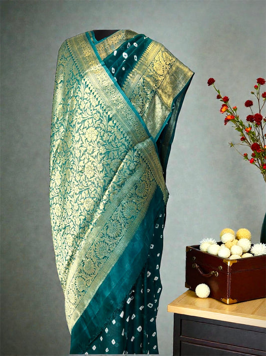 Bandhani Pure Dola Silk Banarasi Saree-Peacock Green