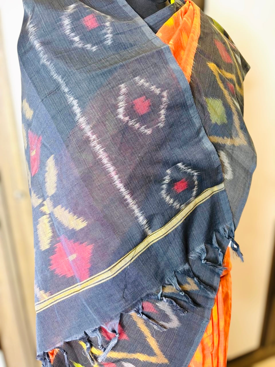 Orange- Mercerised Cotton Handloom Pochampally Ikat Saree