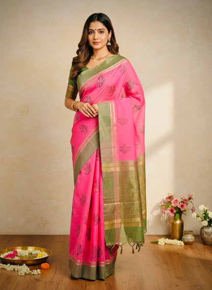 Baby Pink Pure Handwoven Kanchi Cotton Saree