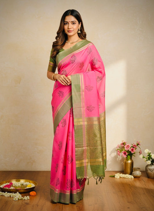 Baby Pink Pure Handwoven Kanchi Cotton Saree