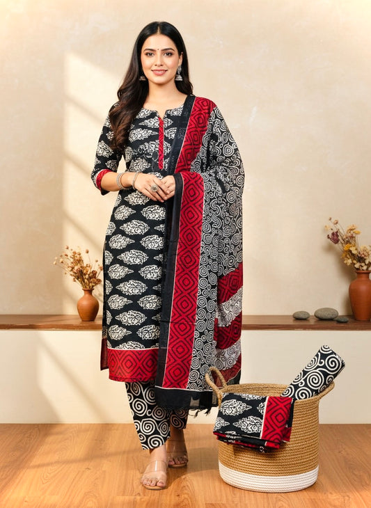 Batik Print 3PC Dress Material- Red Black