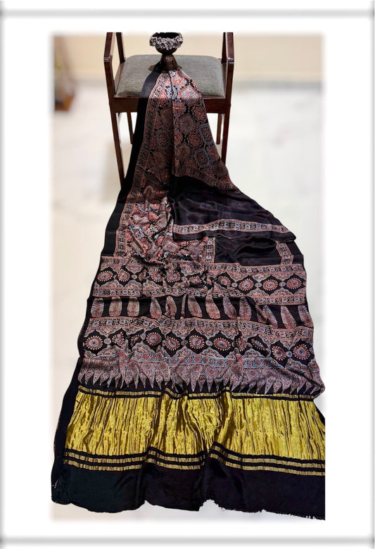 Pure Ajrakh Modal Gajji Handblock Print Saree- Signature Print