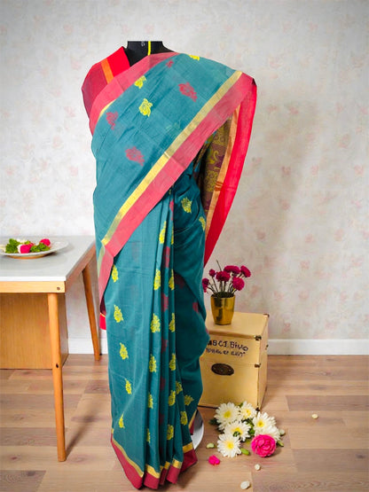 Handwoven Kanchi Cotton Saree- Teal