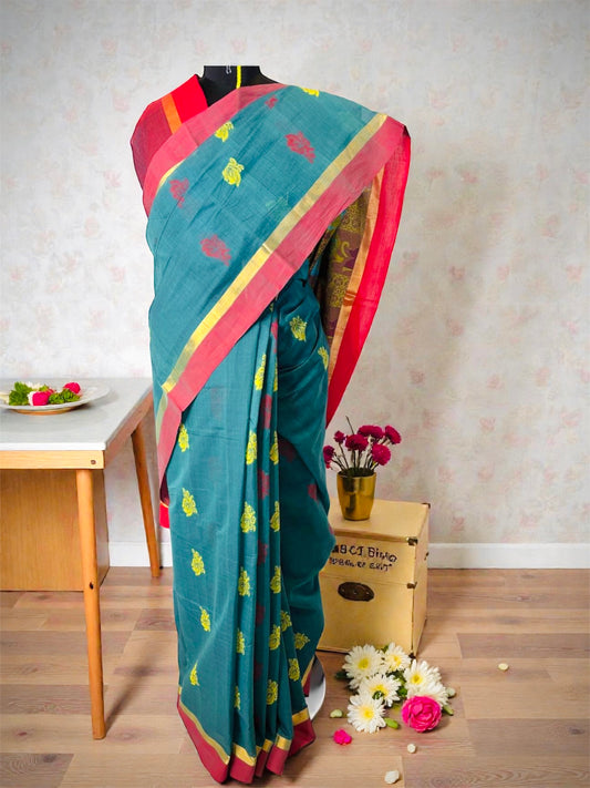 Handwoven Kanchi Cotton Saree- Teal