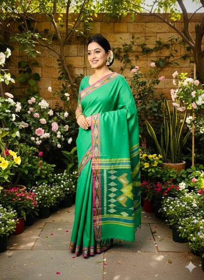 Pochampally Ikat Pure Handloom Mercerised Cotton Saree- Green