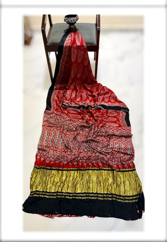 Pure Ajrakh Modal Gajji Handblock Print Saree- Red