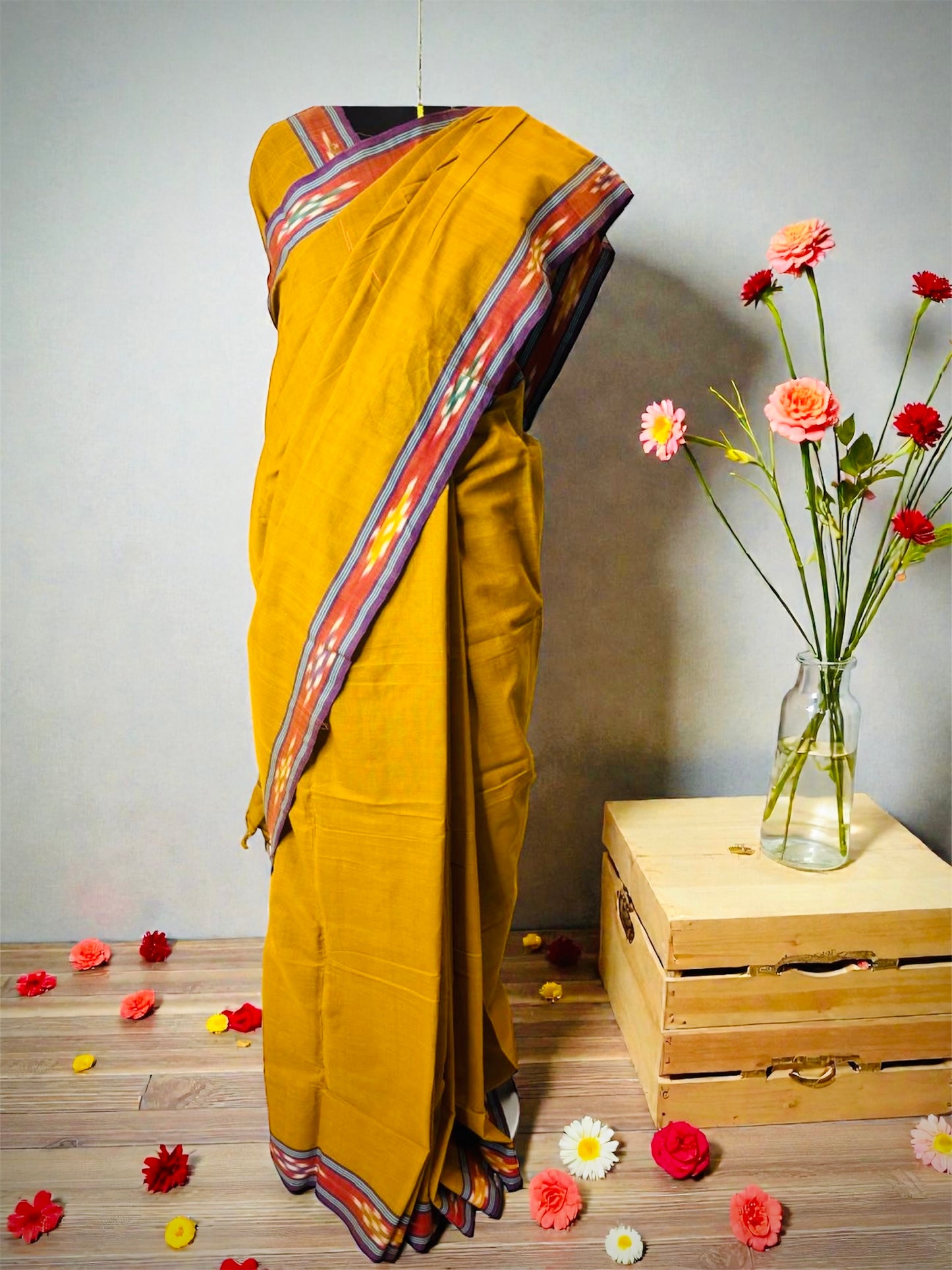 Pochampally Ikat Pure Handloom Mercerised Cotton Saree- Olive Green