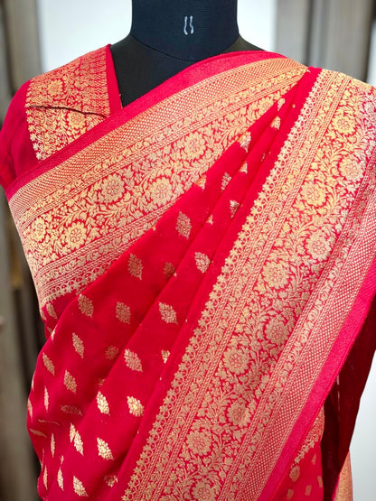 Red Khaddi Georgette Kadwa Butta Banarasi Saree-
