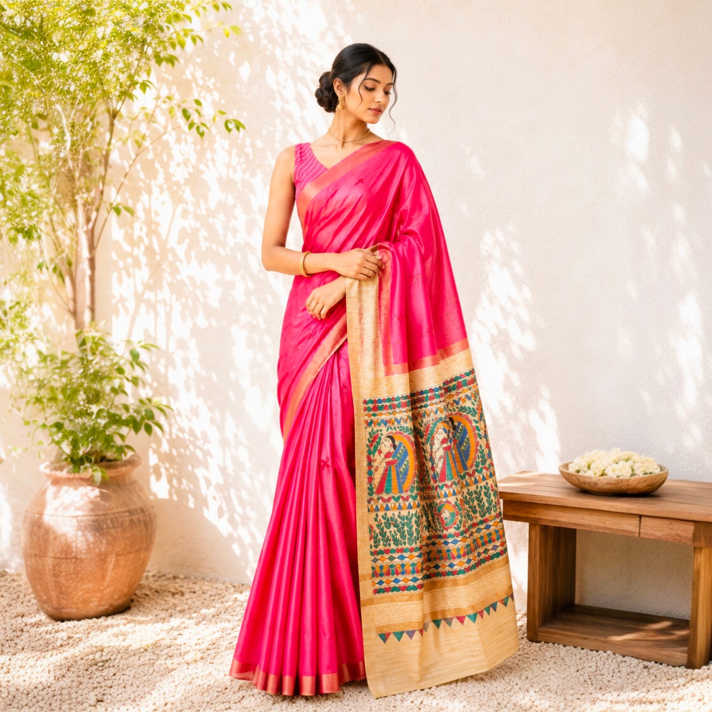 Rani Pink Pure Bapta Silk with Ghicha Madhubani work Saree
