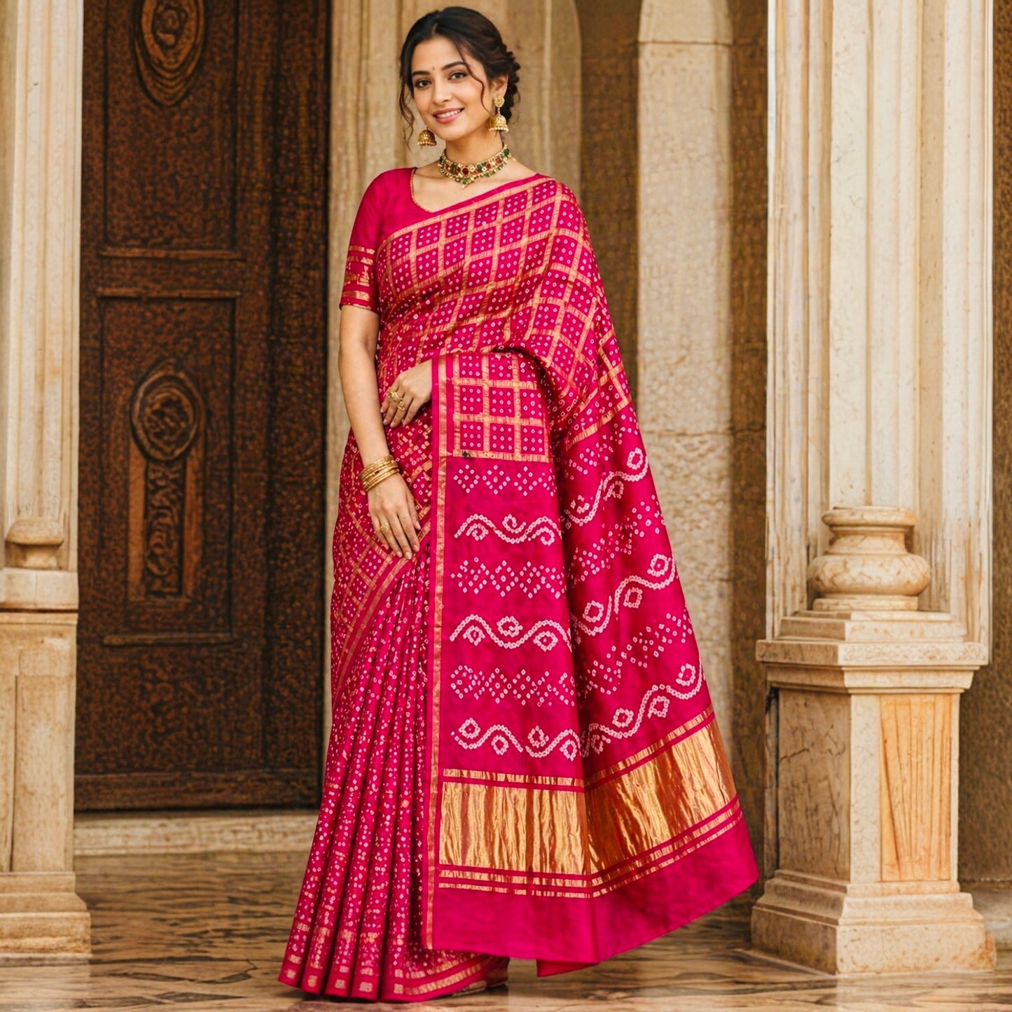 Pure Modal Silk Handloom Gharchola Bandhani Saree- Rani Pink