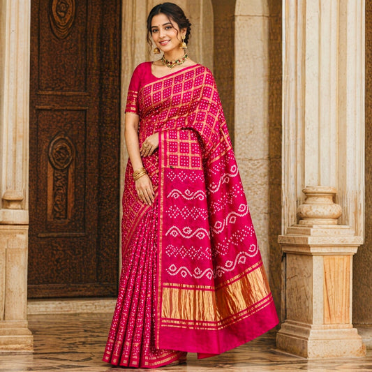 Pure Modal Silk Handloom Gharchola Bandhani Saree- Rani Pink