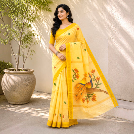 Onam Special Handpainted Kerala Mul Cotton Saree- Pastel Lemon Yellow