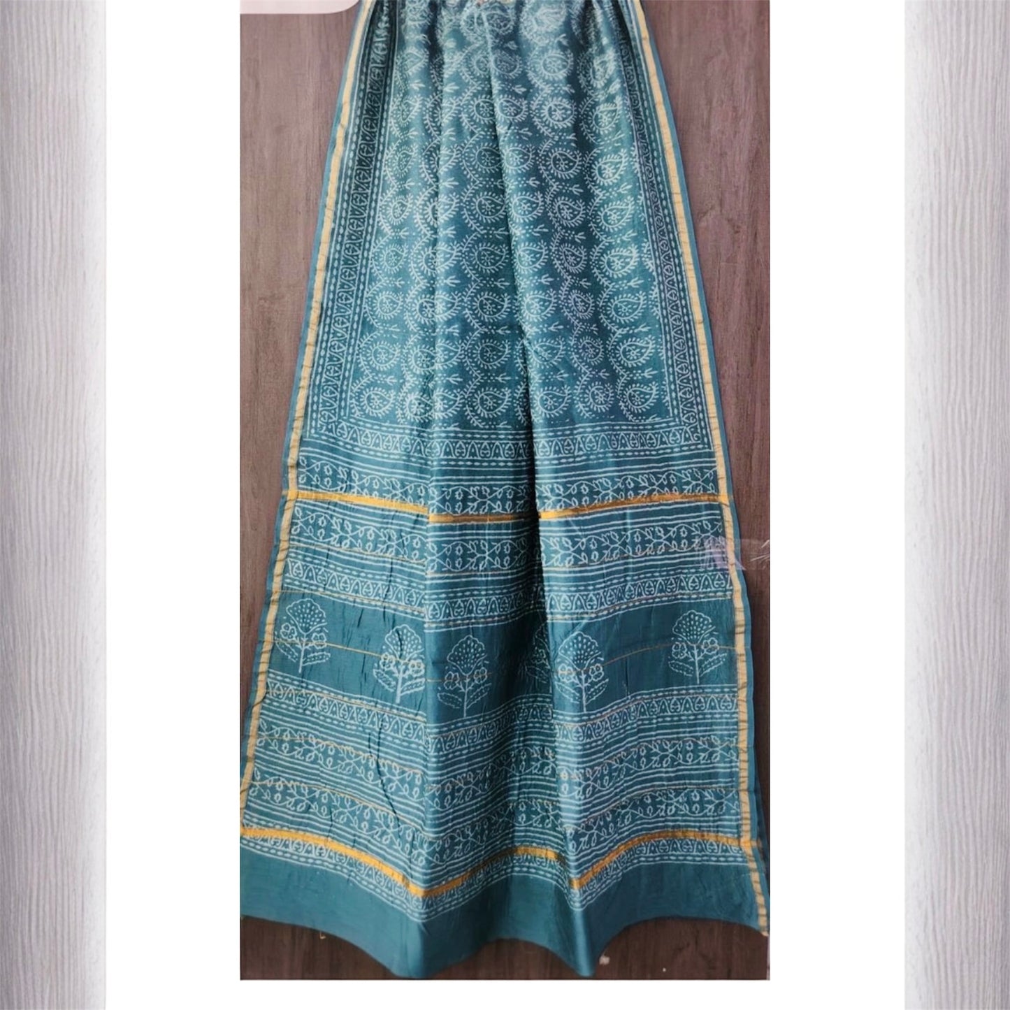 Pure Chanderi Silk Handblock Print Saree- Teal Blue