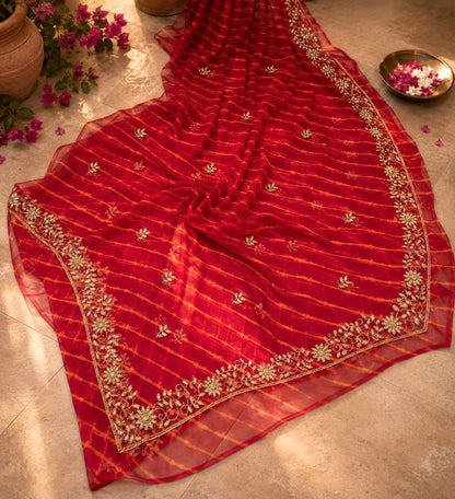 Rajputi Chiffon Hand Embroidered Lehariya Saree- Red