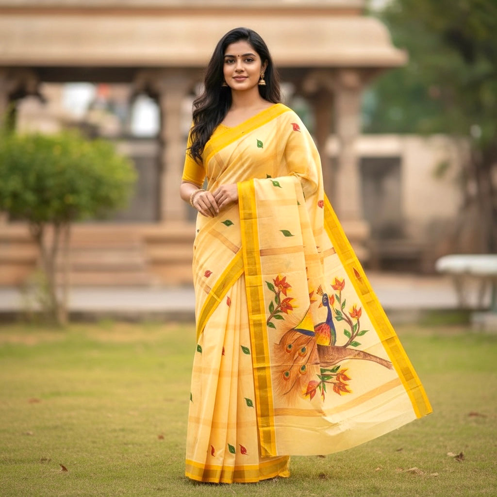 Handpainted Kerala Mul Cotton Saree- Pastel Lemon Yellow