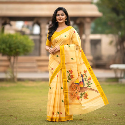 Handpainted Kerala Mul Cotton Saree- Pastel Lemon Yellow