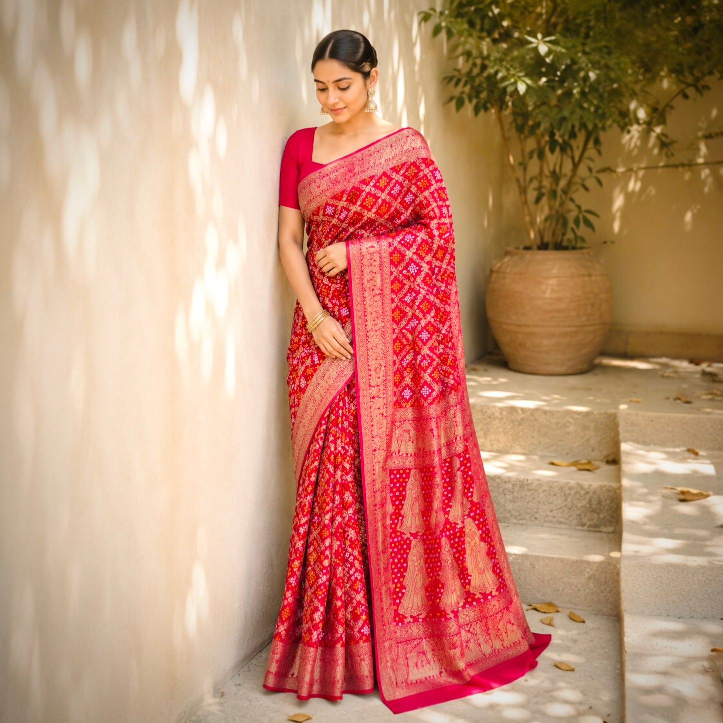 Pure Viscose Khaddi Georgette Gharchola Saree- Rani Pink