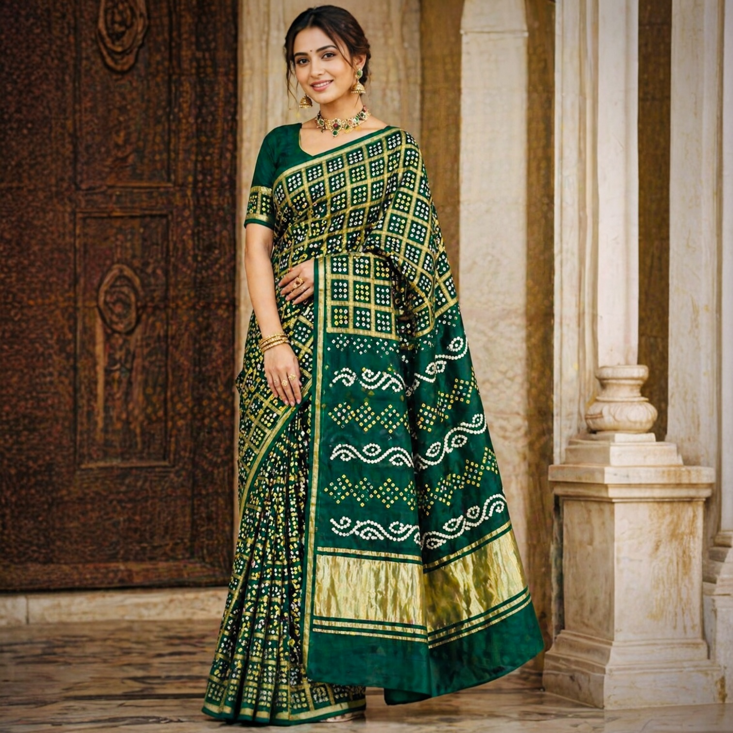 Pure Modal Silk Handloom Gharchola Bandhani Saree- Bottle Green