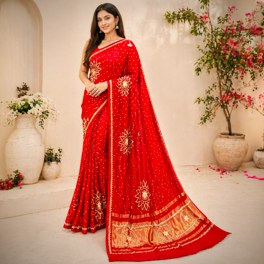 Pure Modal Gajji Silk Bandhani Saree- Gota Patti Work
