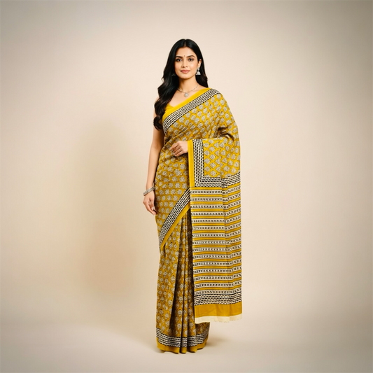 Hand Block Print Saree Mul Cotton Pure Handloom Saree- Mustard Yellow