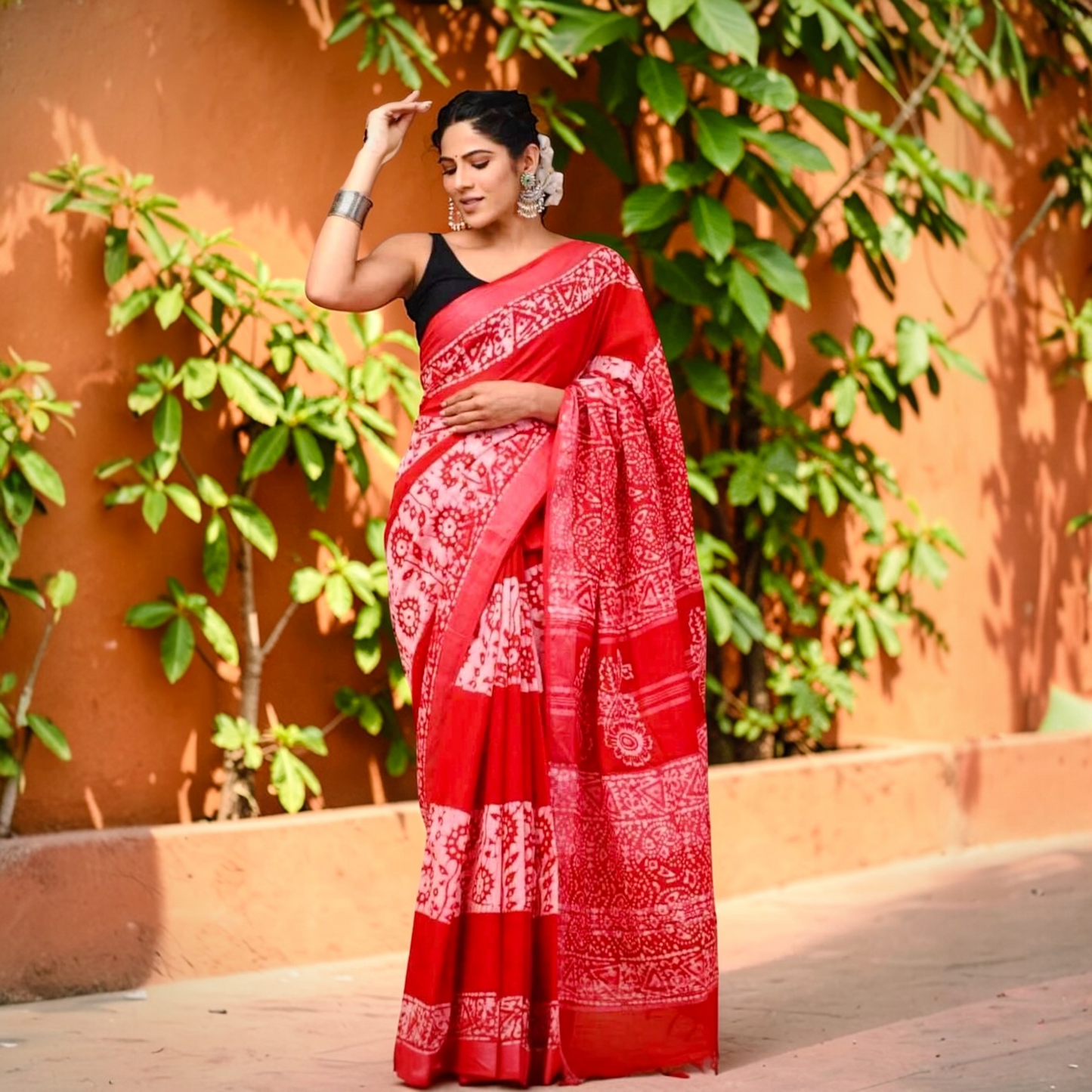 Hand Block Print Pure Linen Cotton Handloom Saree- Red