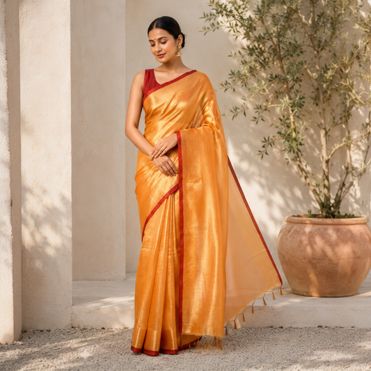 Regal Elegance Handloom Raga Tissue Cotton Saree- Orange Golden