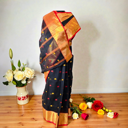 Pure Handloom Bengal Tant Cotton Saree- Black