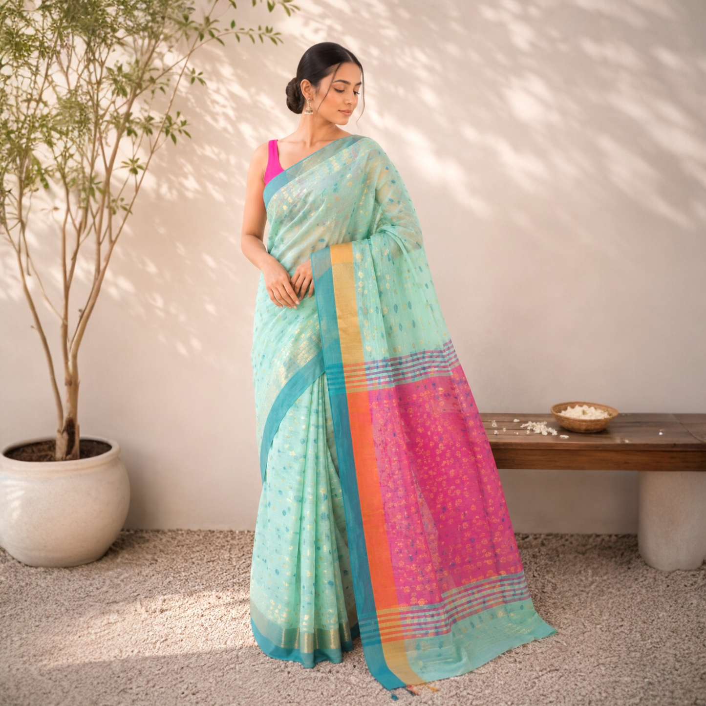 Dhakai Jamadani Pure Cotton Handloom Saree- Pink