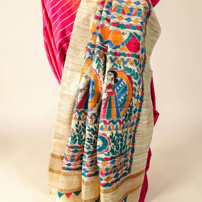 Rani Pink Pure Bapta Silk with Ghicha Madhubani work Saree