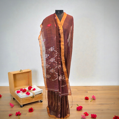 Pure Handloom Tissue Linen Saree- Brown