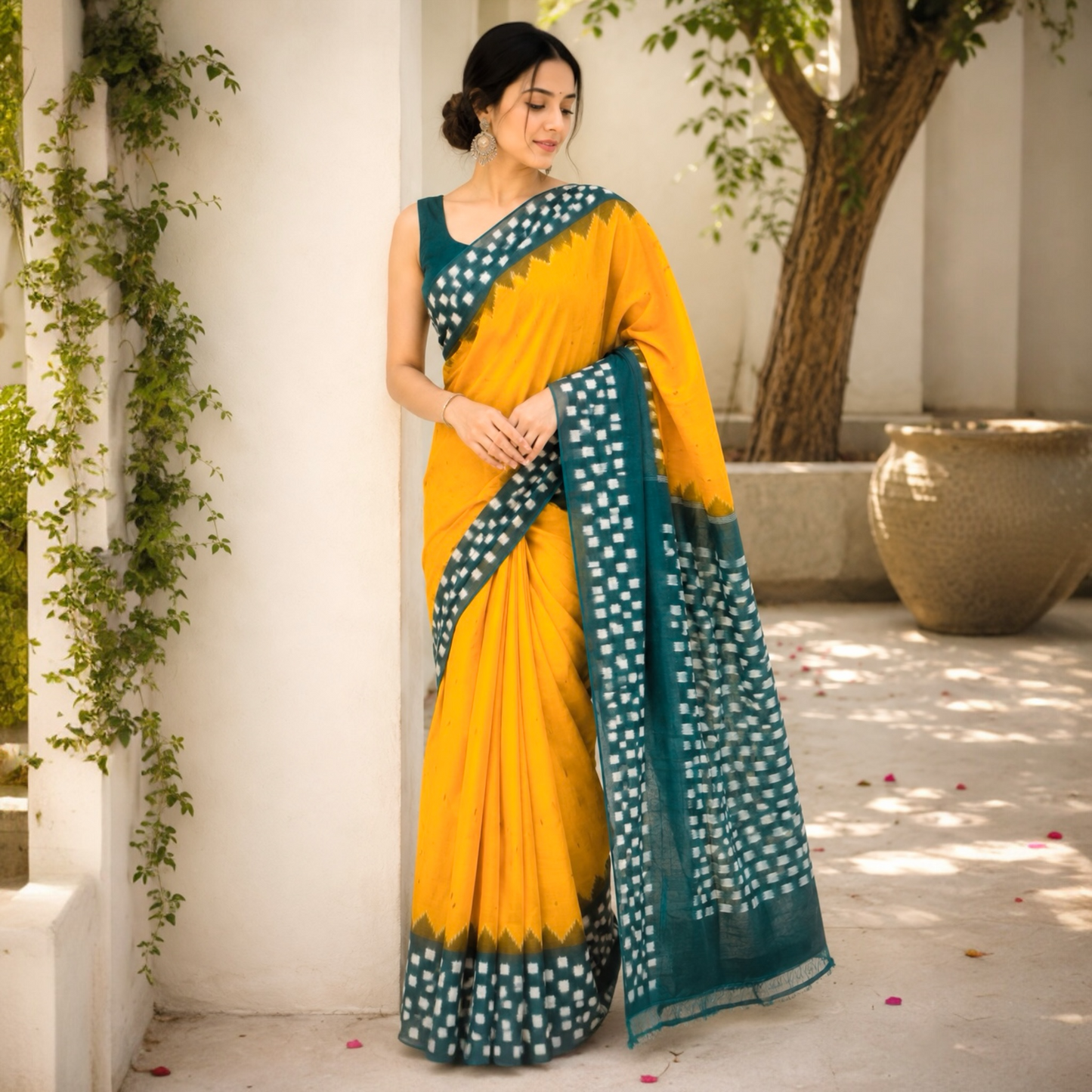 Pochampally Ikat Pure Handloom Mercerised Cotton Saree- Green Yellow