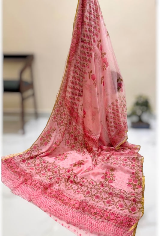 Pure Double Diamond Chiffon Handblock Print Saree- Floral Pink