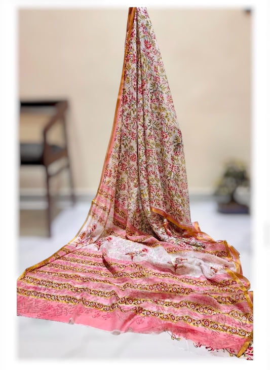 Pure Double Diamond Chiffon Handblock Print Saree- Peach Pink
