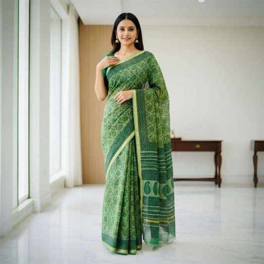 Kota Doria Pure Handloom Hand-block Print Saree-Green