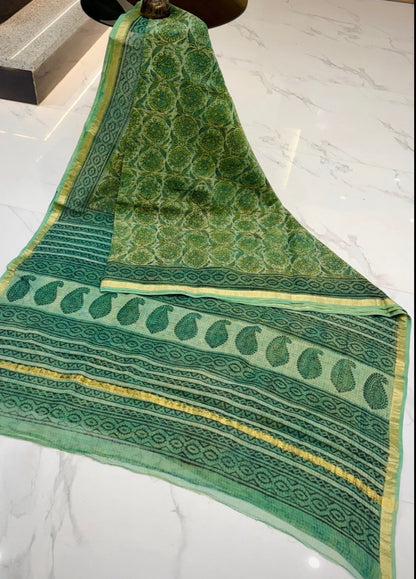 Kota Doria Pure Handloom Hand-block Print Saree-Green