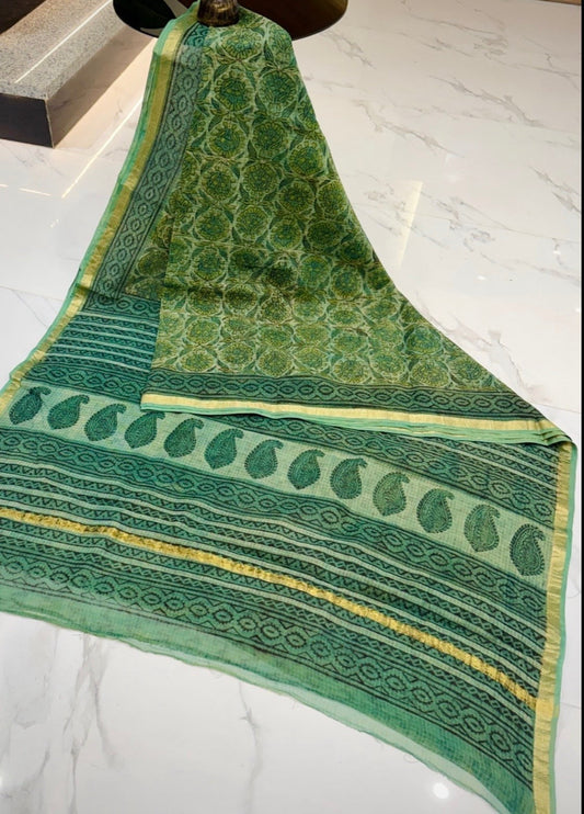 Kota Doria Pure Handloom Hand-block Print Saree-Green