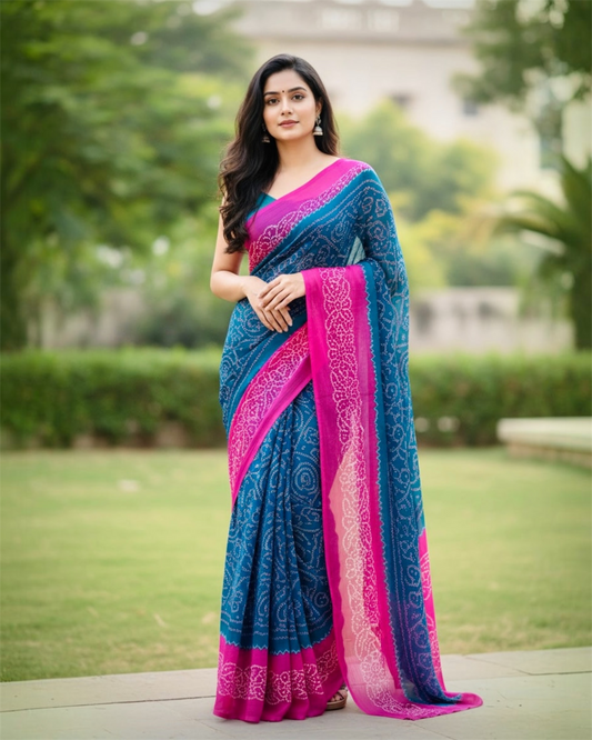 Rajputi Chiffon Bandhani Saree- Pink & Blue