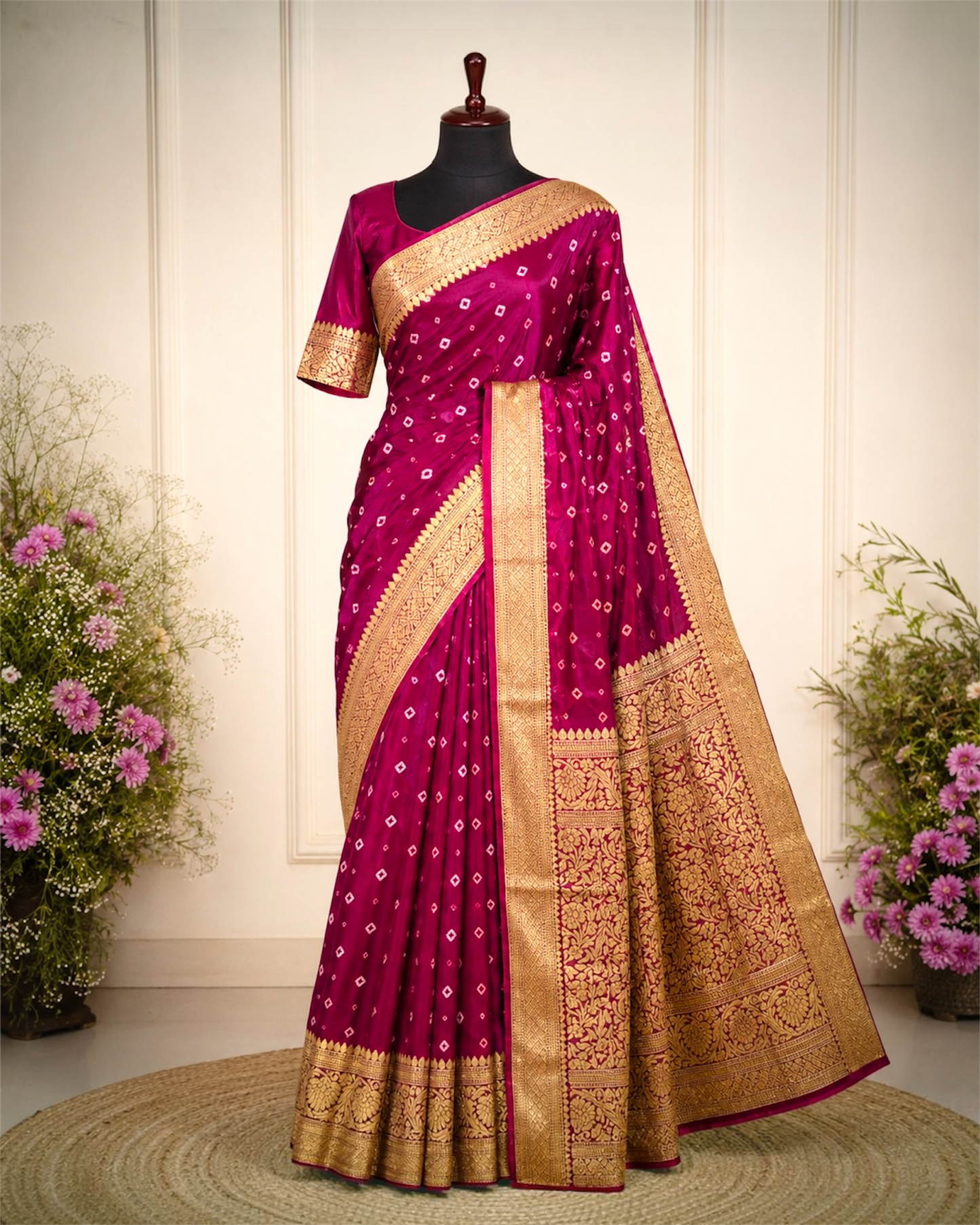 Bandhani Pure Dola Silk Banarasi Saree- Wine