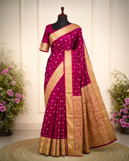 Bandhani Pure Dola Silk Banarasi Saree- Wine
