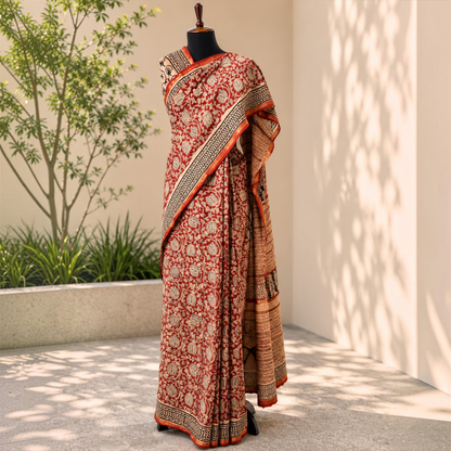 Pure Chanderi Silk Handblock Print Saree- Red