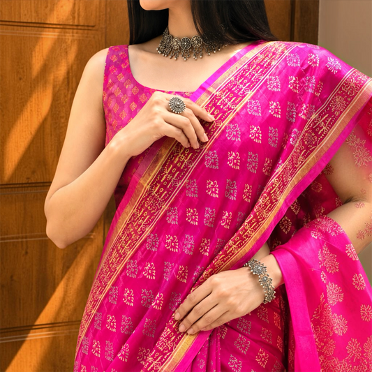Pure Chanderi Silk Handblock Print Saree- Rani Pink