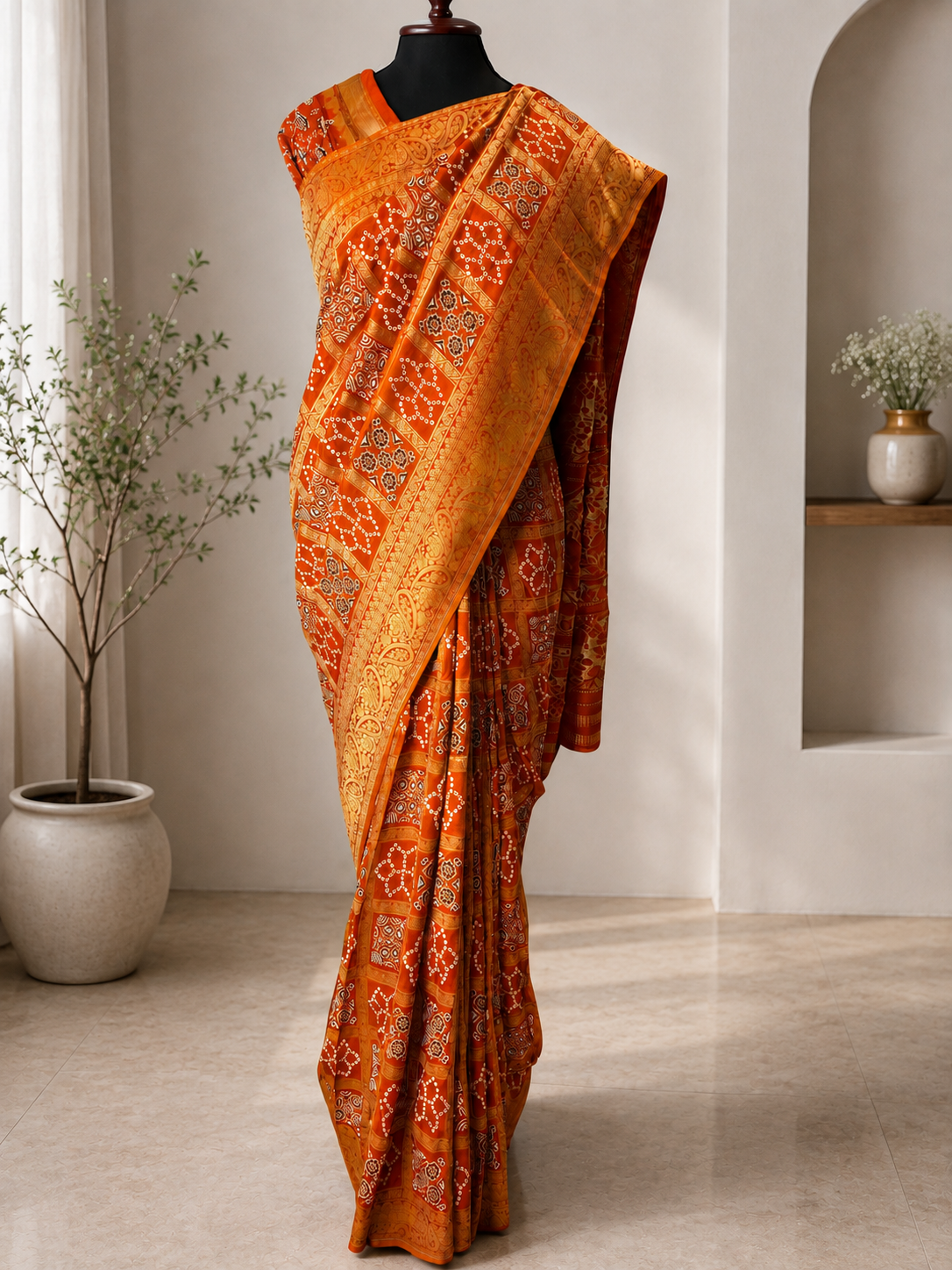 Rust Orange Premium Ajrakh Handblock Gharchola Saree with Golden Banarasi Zari Weaving