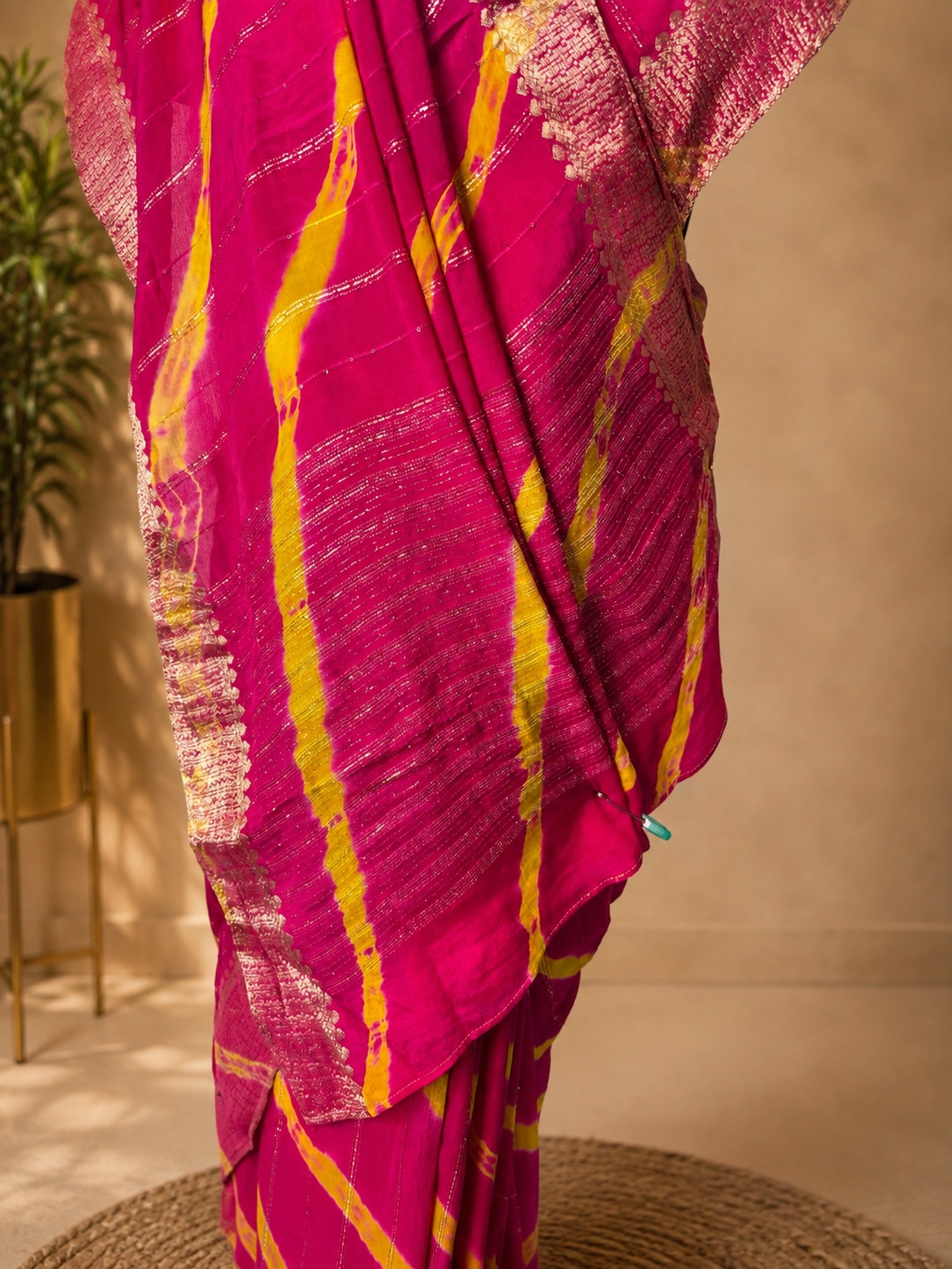 Rani Pink Pure Chiffon Lehariya Saree- Banarasi Boader