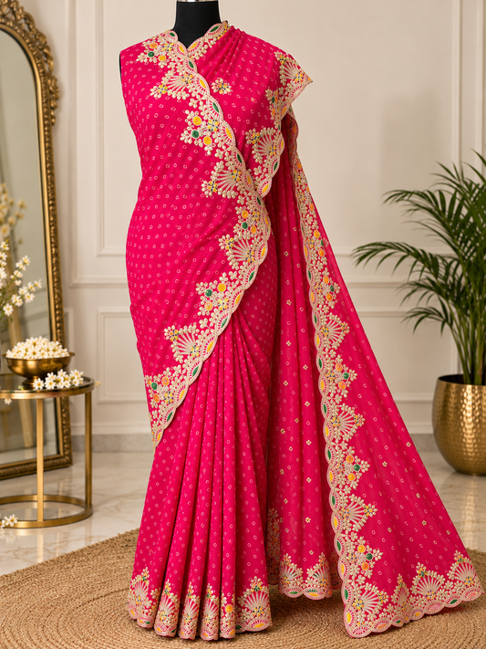 Pink Bandhani Pittan Work Georgette Saree