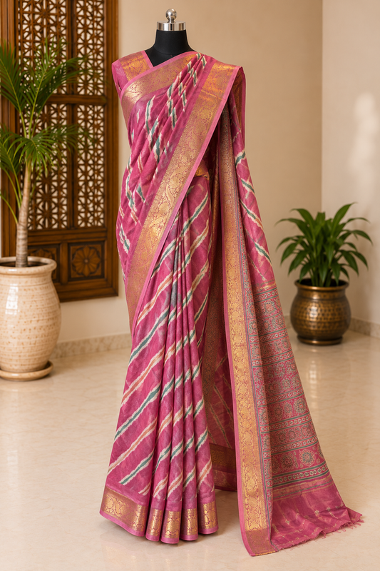 Magenta Pink Designer Pure Chiffon Banarasi Border Lehariya Saree